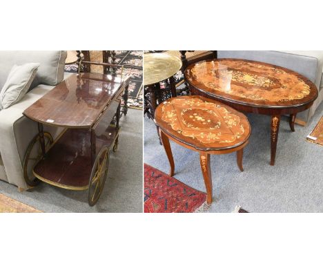 A Brass-Mounted Dinner Trolley, with drop leafs and shelf stretcher, 92cm by 48cm (closed) by 76cm and Two Modern Inlaid Waln