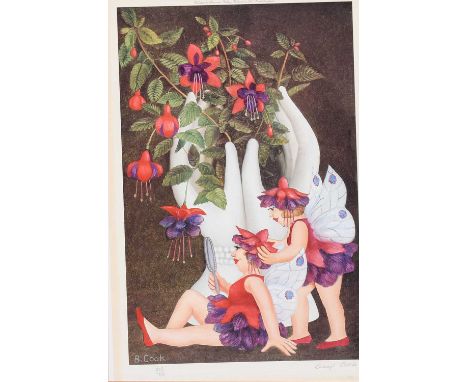 After Beryl Cook OBE (1926-2008)"Fuchsia Fairies"Signed and numbered 258/650, colour reproduction, published by Alexander Gal
