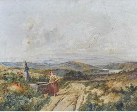 Follower of James Arthur O'Connor (1792-1841) Irish Lady collecting water from a trough in an extensive landscape Oil on canv