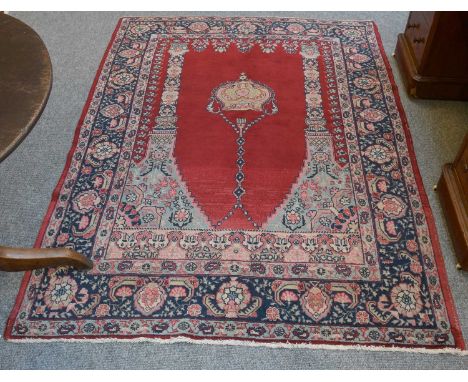 Tabriz Prayer Rug, the raspberry field with hanging lantern flanked by two columns beneath the Mihrab, enclosed by floral vin