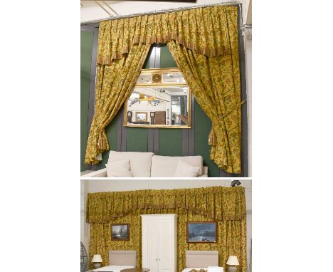 Two Pairs of Decorative Mustard Ground Woven Curtains and Pelmets, depicting birds and fruit on sinuous branches, lined and i