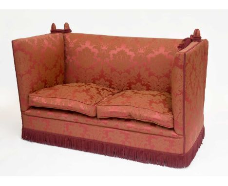 A Knowle Style Two Seater Drop End Sofa150cm by 81cm by 100cm1920's/30'sRed damask type material.Feather filled cushions.Arms