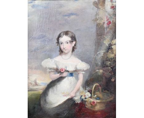 British School (19th century)Portrait of a young girl, seated, wearing a white dress with a blue sash and pearl necklace, sta