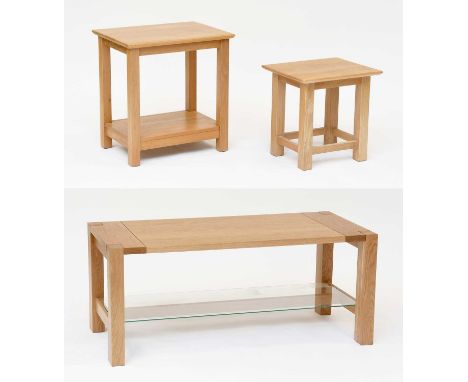 A Modern Marks &amp; Spencer's Oak Coffee Table,  with glass shelf, 106cm by 50cm by 46cm together with two similar lamp tabl