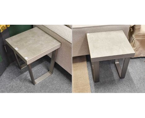 A Set of Three Marble Effect Lamp Tables, with chrome bases, 45cm by 51cm