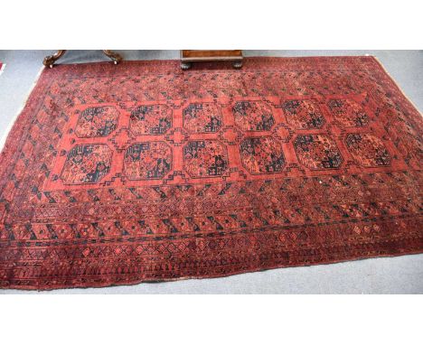 Afghan Ersari Carpet, the damson field with two columns of elephant foot güls enclosed by multiple borders, 314cm by 190cm