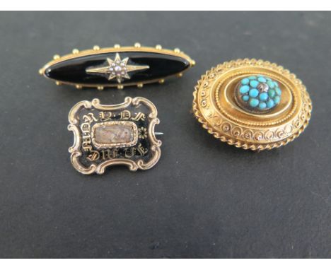 Three Victorian/early 20th century mourning brooches - To include one with a turquoise and diamond cluster - One with onyx an