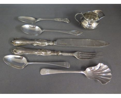 Six assorted pieces of silver flatware and a small silver jug - Total approx. weight 7 troy oz