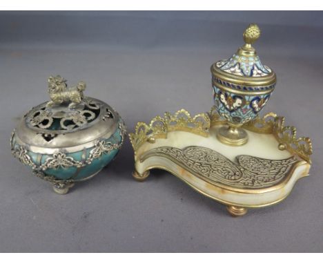 A late 19th/early 20th century French Champiere enamel inkwell with an ormolu and onyx base, glass liner missing - Height 12 