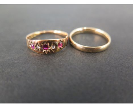 A Victorian 15 ct rose gold diamond and ruby five stone ring - Ring size N - considerable wear to bottom of shank - and a 9 c