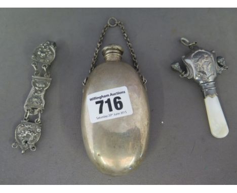 A Continental silver Chatelaine belt clip and a silver ladies flask with monogram and named Anna - Weight of silver approx. 3