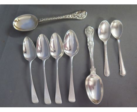 Four Georgian silver table spoons - London 1802/03 - maker W E W F - the ornate spoon hallmarked London 1873 maker HWC - some