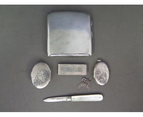 A silver hallmarked cigarette case, money grip, locket, mother of pearl handled pen knife - fruit knife, Continental pill box