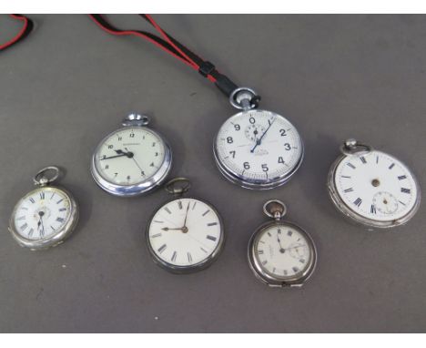 A collection of four silver cased pocket and fob watches for spares or repairs and a chrome cased Ingersol watch and Nero Lam