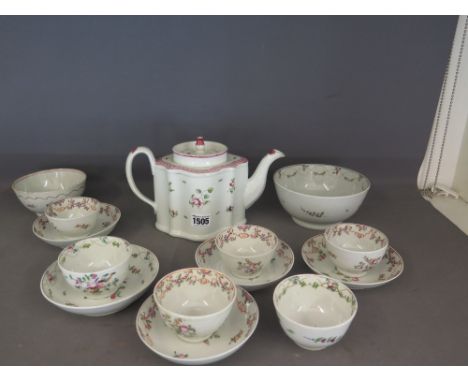 A good collection of 18th century Newhall pottery items to include a serpentine bodied teapot, six tea bowls with five saucer