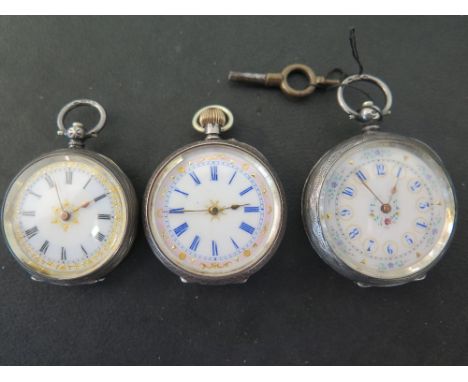 Three Ladies silver fob watches - all with enamel faces, Continental silver cases stamped 935 
Condition report: Cases and fa
