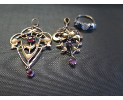 Two early 20th century 9ct gold gem-set pendants - Length approx 5cms each - Together with a paste-set ring - Stamped 9ct & S