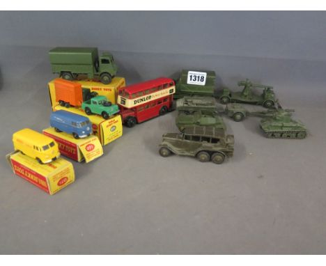 Six Dinky Military vehicles including boxed Army covered Wagon 623, two Volkswagen Delivery vans no. 071 and one Land Rover a