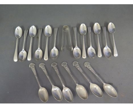 A set of fourteen silver teaspoons and pair of sugar nips - Sheffield 1927 and a set of six silver teaspoons , three marked B