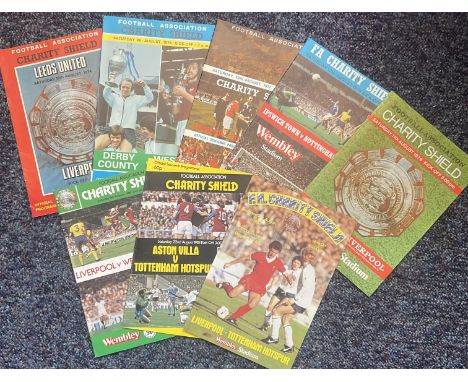 Football Collection of 8 Charity Shield Matchday Programmes. Includes Leeds V Liverpool August 1974, Derby V West Ham August 