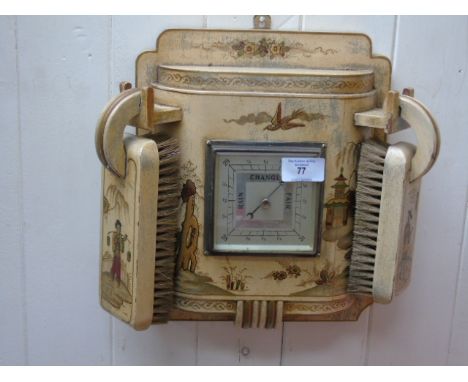 Hand painted wooden cased hall barometer with clothes brushes to the side