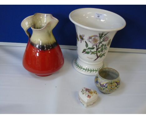  Portmeirion vase, studio pottery jug and a Zsolnay heart trinket box and small pottery vase