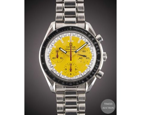 A GENTLEMAN'S STAINLESS STEEL OMEGA SPEEDMASTER "SCHUMACHER" AUTOMATIC CHRONOGRAPH BRACELET WATCH
CIRCA 1997, WITH YELLOW DIA