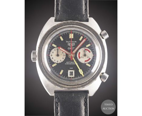 A GENTLEMAN'S STAINLESS STEEL HEUER AUTAVIA GMT AUTOMATIC CHRONOGRAPH WRIST WATCH
CIRCA 1970s, REF. 1163 GMT
Movement:&nbsp;1