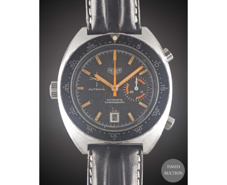 A GENTLEMAN'S STAINLESS STEEL HEUER AUTAVIA AUTOMATIC CHRONOGRAPH WRIST WATCH
CIRCA 1970s, REF. 15630 "ORANGE BOY" WITH BLACK