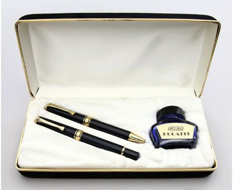Kolbenfüller und Kugelschreiber, "Herlitz". Modell "Bugatti". Schwarzes Edelharz mit vergoldetem Metall, Füller mit 585/000 G