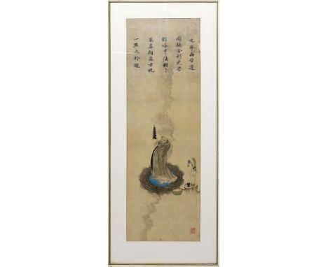 Tuschmalerei. Gelehrter mit Pagode und kalligraphischer Inschrift. Tusche/Papier (rest., Altersspuren), re. u. rote Siegelmar