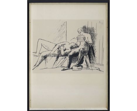 Picasso, Pablo (1881 Malaga - Mougins 1973), nach "Joueur de Flûte et Femme couchée". Lithographie/Velin d'Arches (l. gebräun