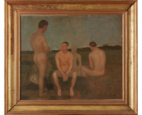 Galle, Oswald (1868 Dresden 1935) "Männergruppe etwa 1912" (Gruppe männlicher Akte in Landschaft). Öl/Karton, re. u. sign., v