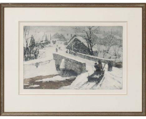 Pollak, Max (1886 Prag - Sausalito/USA 1970) Landschaft mit Figuren im Schnee. Farbradierung, re. u. mit Bleistift sign. 26,5