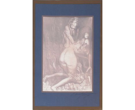 Fuchs, Ernst (1930 Wien 2015) "Die Entzweiung". Farbserigraphie auf blauem Papier, re. u. mit Bleistift sign., li. u. Ex. 114