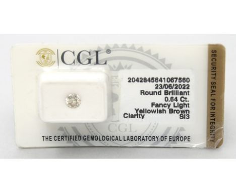 Hell gelb-brauner Brillant, 0,64 ct. Fancy Light Yellowish Brown/si3. Eingeschweißt und mit CGL-Gutachten vom 23.06.2022.
