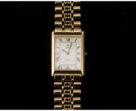 A 14 karat gold wristwatch, brand Arpas, rectangular model, white dial, black Roman numerals and hands, sapphire glass, quart