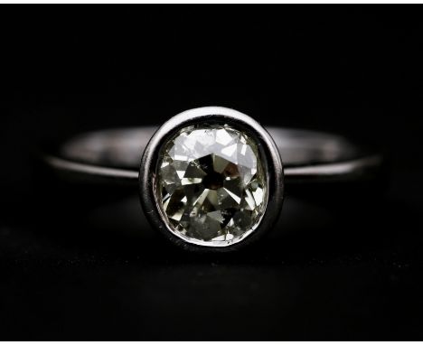 An 18 karat white gold solitaire ring set with a bolshevik cut diamond, approx. 1.10ct. Color approx. K/L, purity approx. P2/