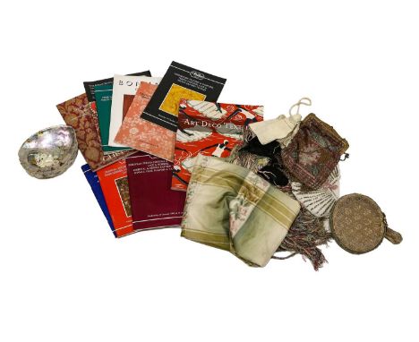 19th and 20th Century Costume Accessories, comprising a green silk checked shawl with silk fringing; mother of pearl shell an