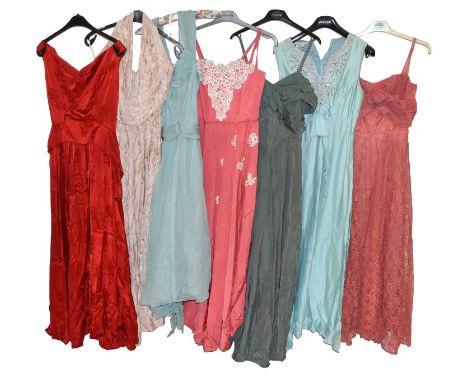 Circa 1950/60s Full Length Evening Dresses, comprising a Blanes sleeveless dress with notch neck and silver embroidery; Style