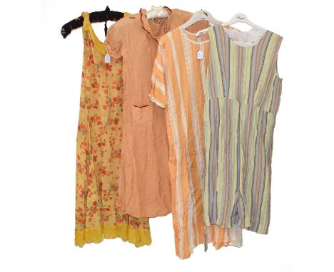 Circa 1920s Day Dresses, comprising a Fricoline orange and white striped short sleeve drop waist dress, with inverted pleats 