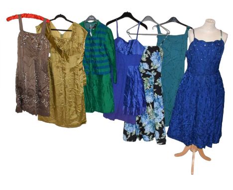 Assorted Circa 1950/60s Cocktail and Occasion Dresses, comprising a Blanes royal blue grosgrain dress with spaghetti straps, 