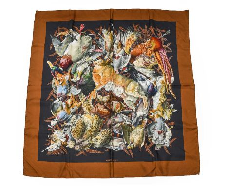 Hermes Silk Scarf of Dead Game Designed by H De Linares, within a brown border, 90cm square