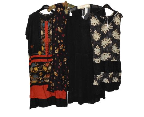 Circa 1920s Dresses, comprising a black floral and spotted cotton sleeveless drop waist dress with scoop neck and collar, pat