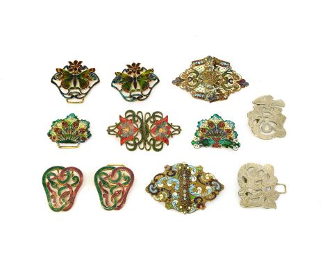 Circa 1930s and Later Cloisonne Enamel Decorated Buckles on Gilt Metal, comprising a white metal buckle with incised decorati