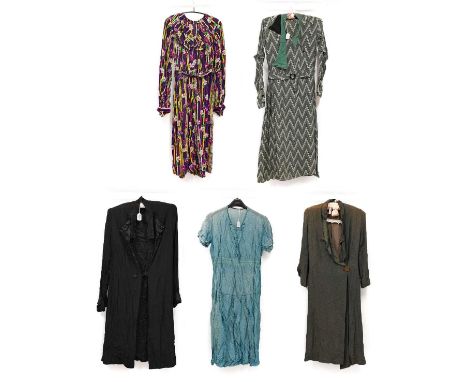 Circa 1920/30s Day Dresses, comprising a silk dress printed in grey, green and black large zig zags overall, long sleeves wit