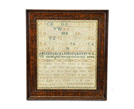 An Alphabet Sampler Worked By Jane Auton Born March 19th 1789, with alphabet to the upper half and religious verse to the low