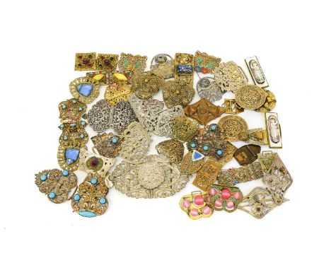 Collection of Assorted Circa 1930s and Later Belt Buckles, comprising floral buckles decorated with coloured stones and ename