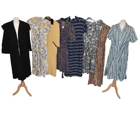 Assorted Circa 1950s Ladies' Day and Occasion Wear, comprising a brown cotton striped long dress with buttons to the bodice a