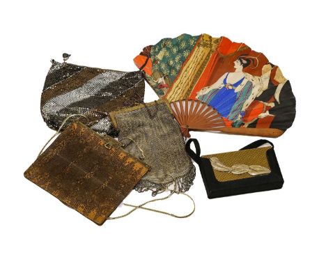 Paul Iribe Folding Paper Fan, printed with 1930s figures at the theatre, with a vignette of a lady in repose to the left side
